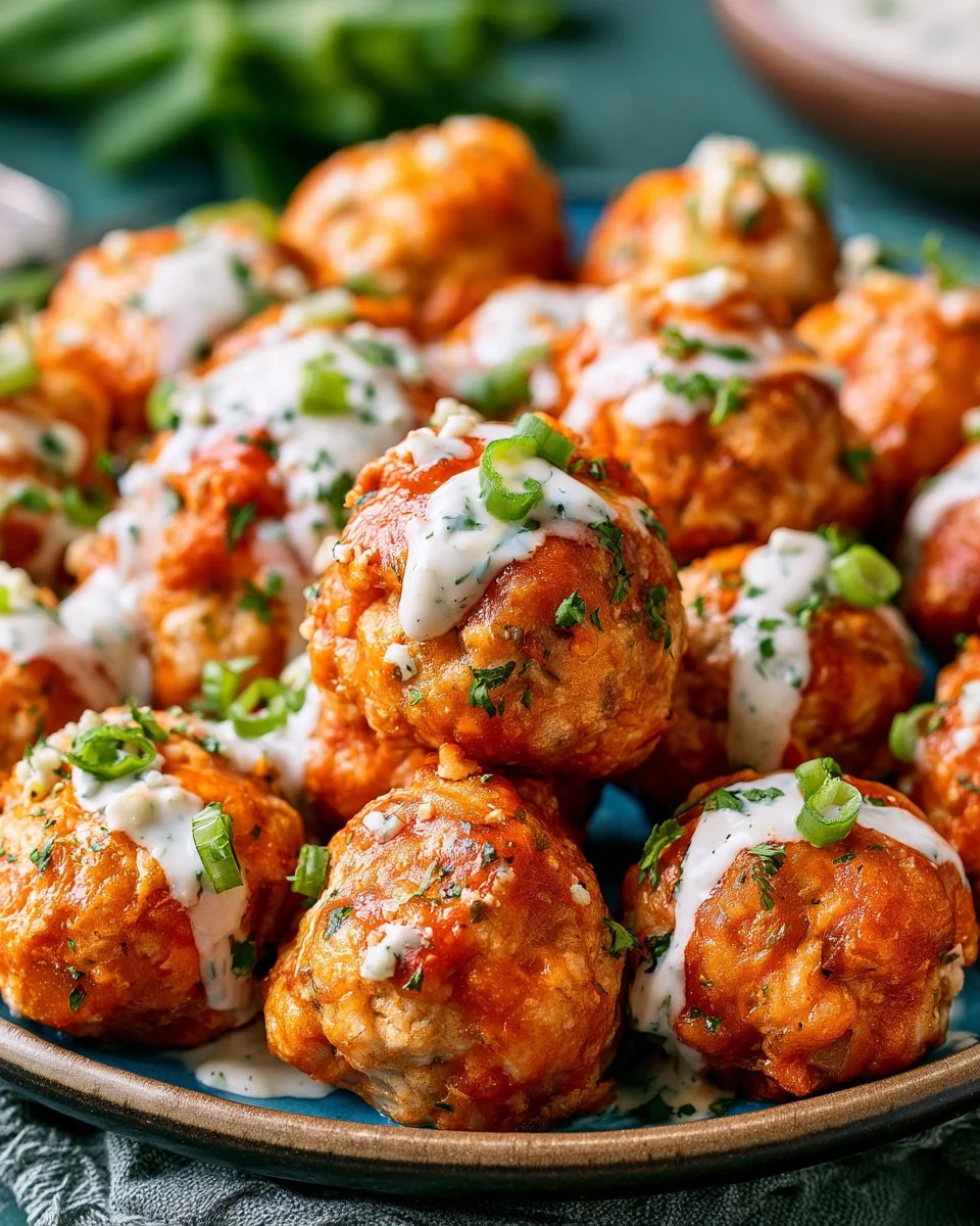 Buffalo chicken meatballs served on a plate with dipping sauce