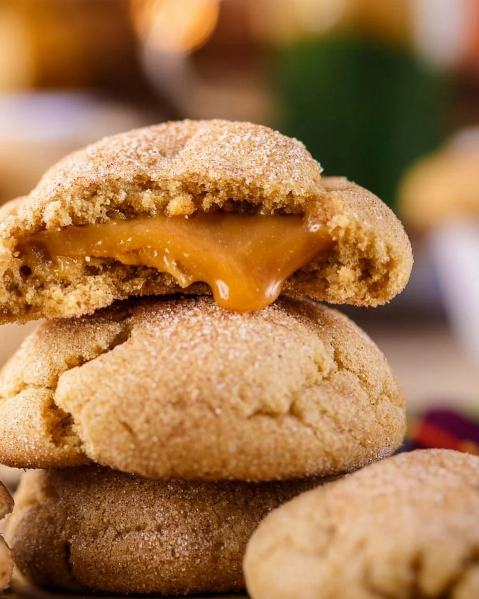 Delicious caramel apple cookies displayed on a wooden table.