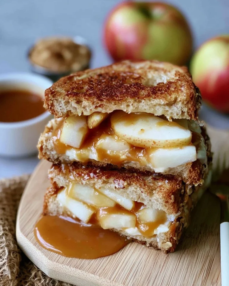 Delicious caramel apple grilled cheese sandwich with melted cheese and caramel drizzle