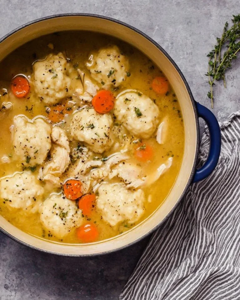 Delicious Chicken and Dumplings served in a bowl with herbs and spices.