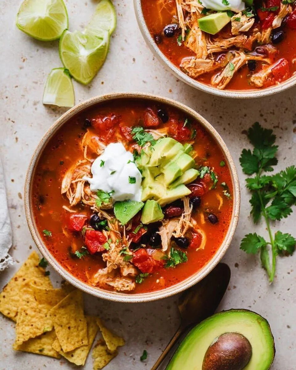 Bowl of delicious Chicken Fajita Soup garnished with fresh ingredients