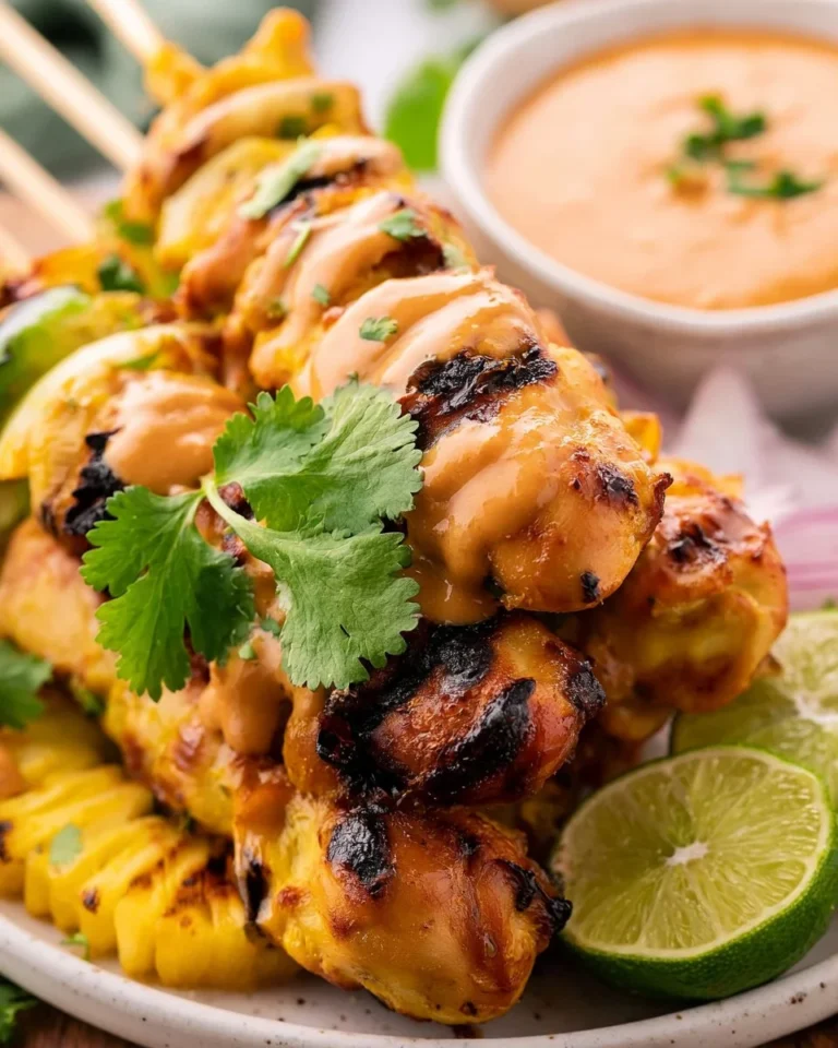 Grilled Chicken Satay skewers served with creamy peanut sauce
