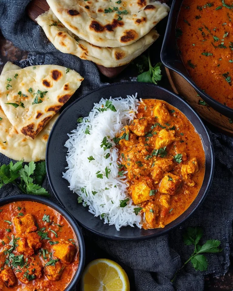 Delicious Chicken Tikka Masala served with rice and naan bread