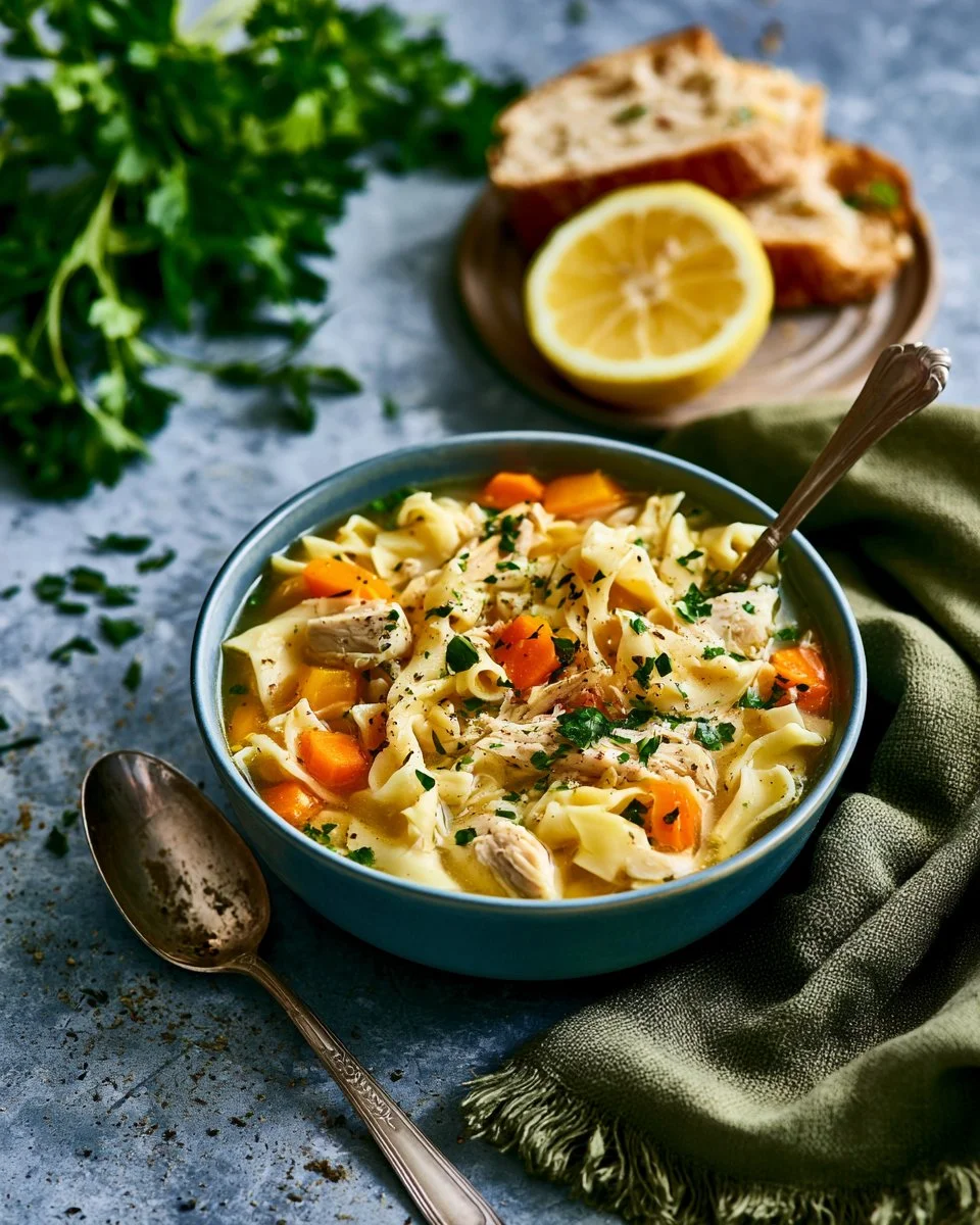 A bowl of classic chicken noodle soup with vegetables and herbs