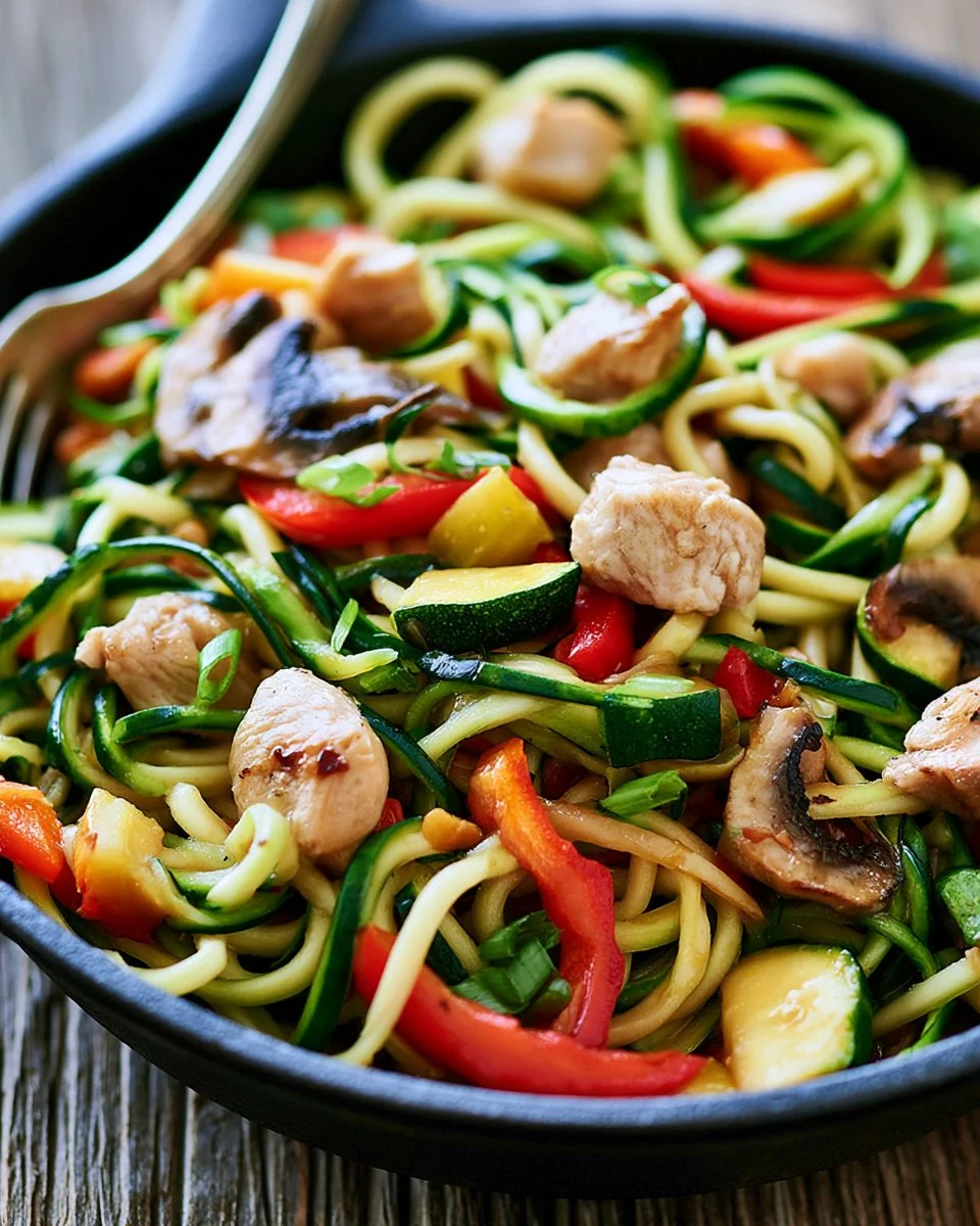 Delicious chicken zucchini noodle stir fry garnished with fresh herbs