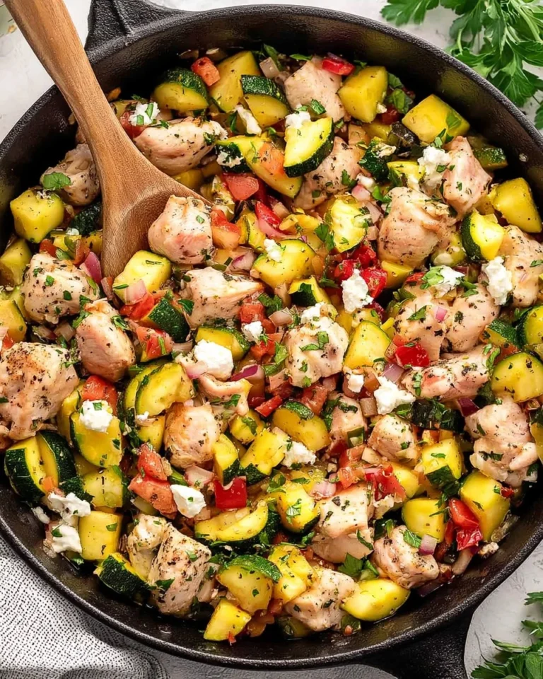 Greek Chicken Zucchini Skillet with colorful vegetables