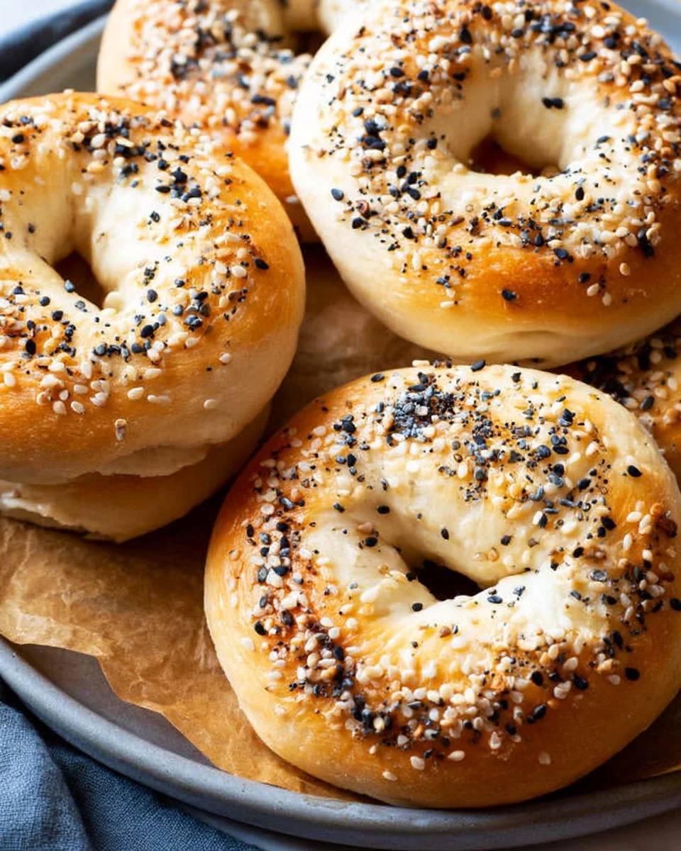 Homemade Greek Yogurt Bagels with 5 ingredients on a wooden board