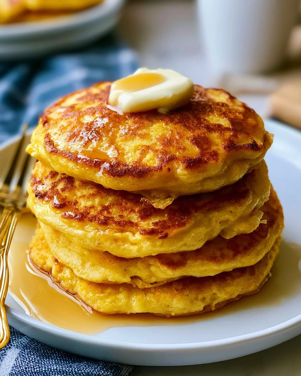 Delicious griddle corn cakes served on a plate with a golden crust.