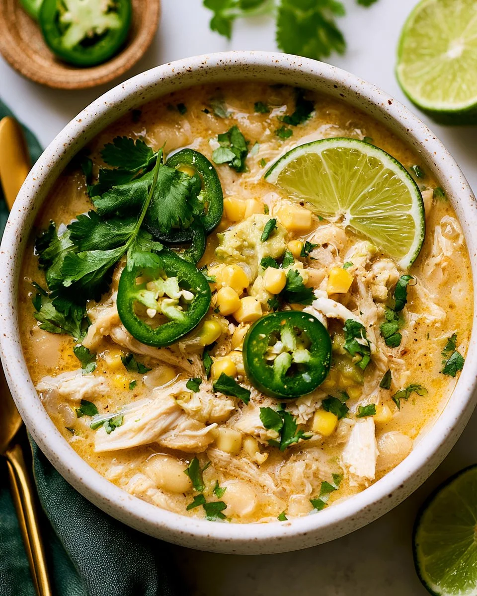 Bowl of healthy white chicken chili topped with cilantro and served with tortilla strips