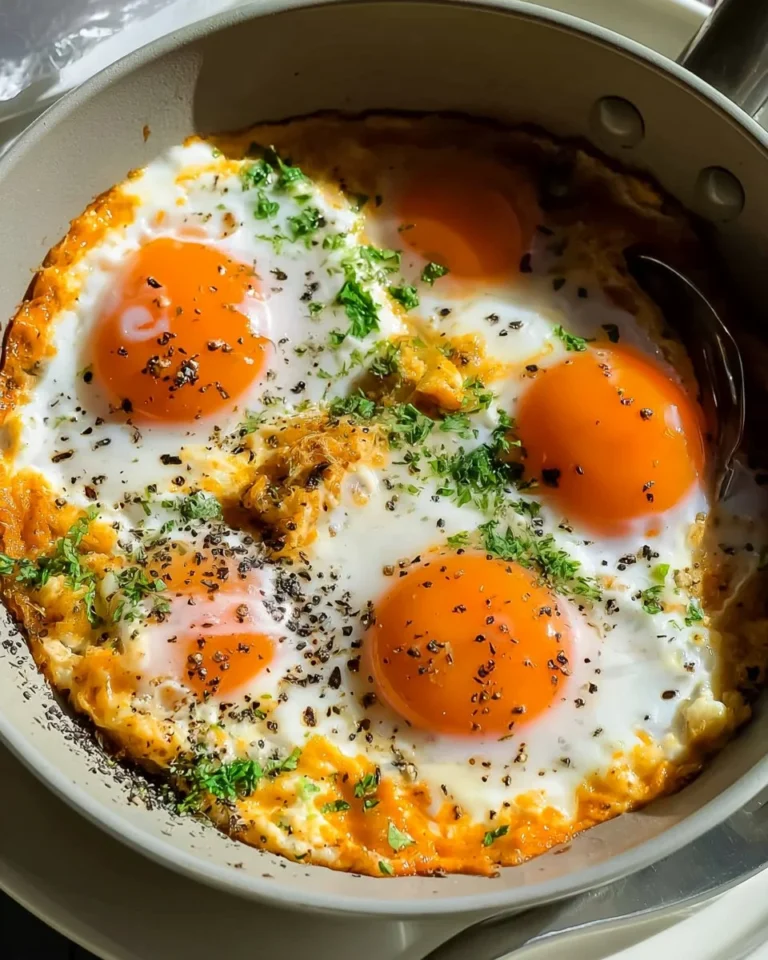 Delicious fried eggs cooked in heavy cream for a rich breakfast dish