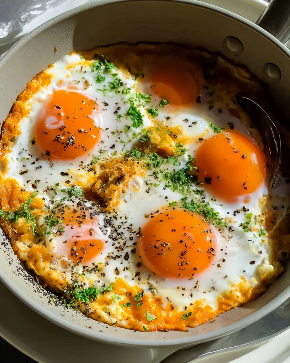 Delicious fried eggs cooked in heavy cream for a rich breakfast dish