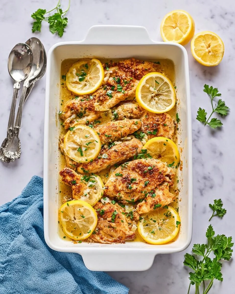 Plate of zesty Lemon Butter Chicken garnished with herbs and lemon slices