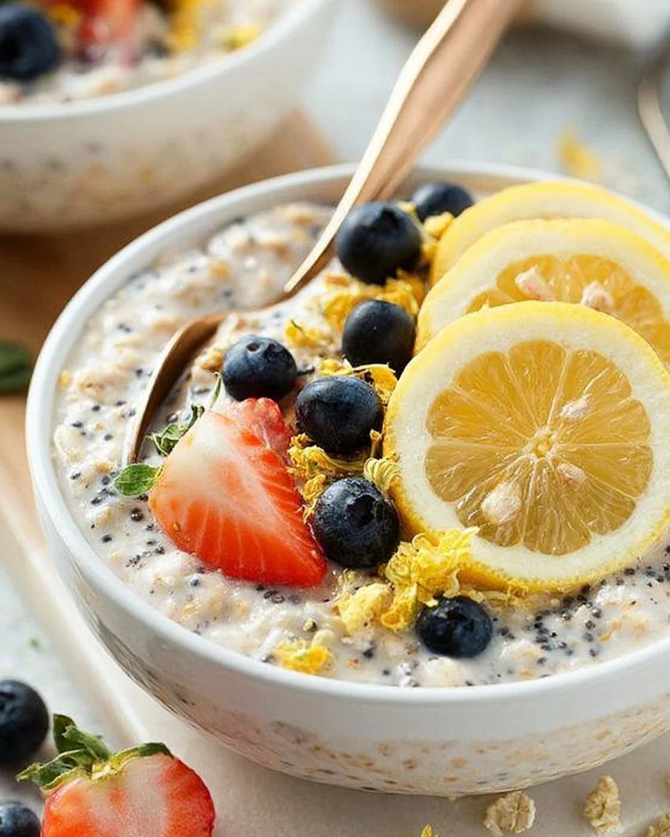 Bowl of lemon cheesecake overnight oats topped with zesty lemon slices and berries