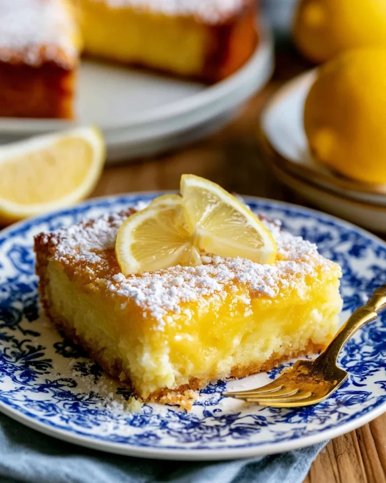 Delicious slice of Lemon Gooey Butter Cake topped with powdered sugar.