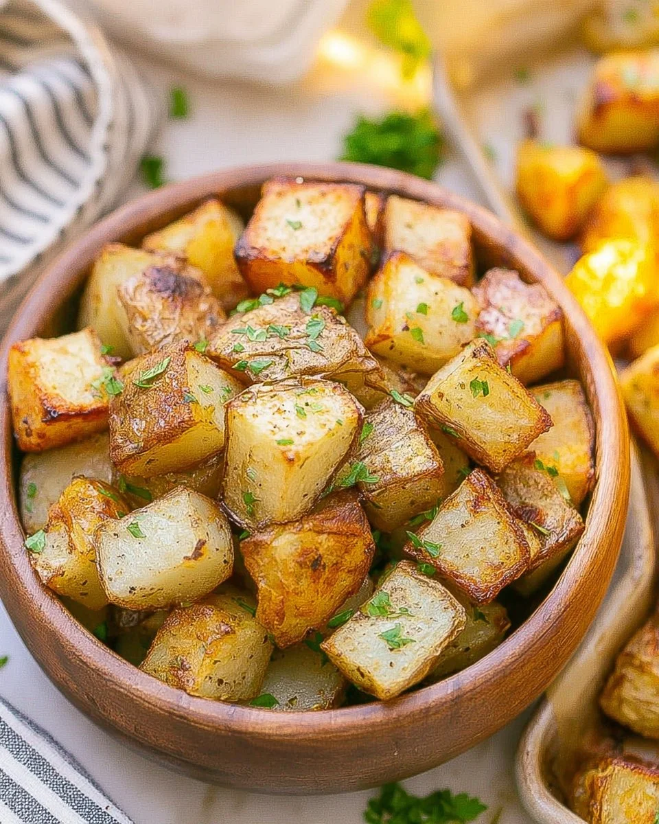 Crispy Ranch Roasted Potatoes garnished with herbs