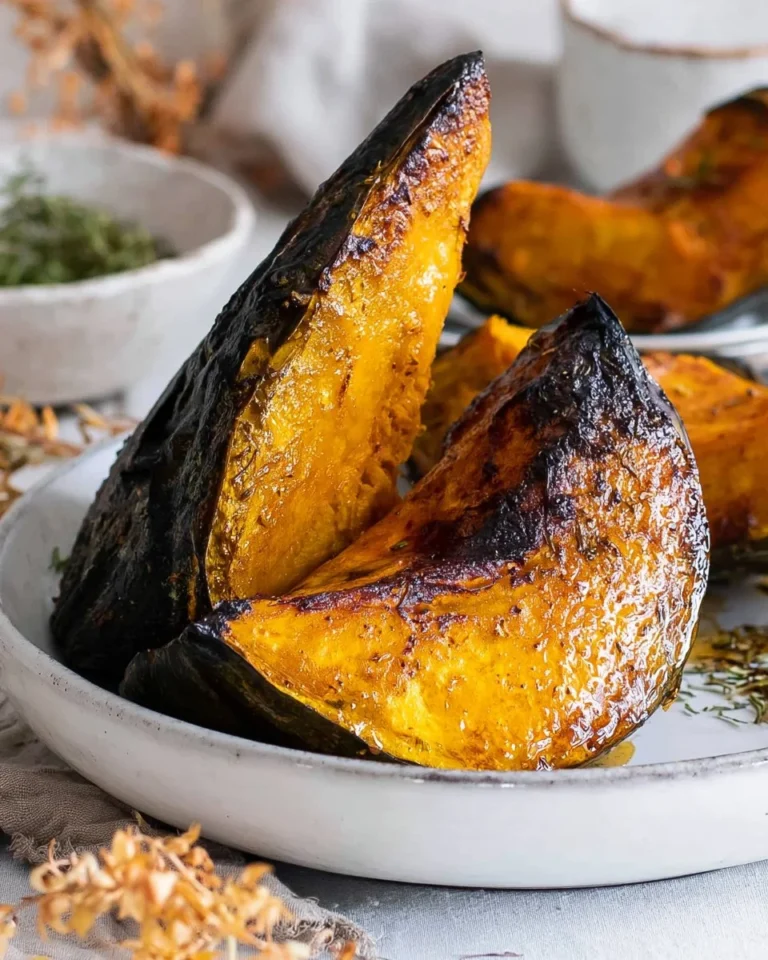 Oven baked roasted pumpkin served on a platter with herbs
